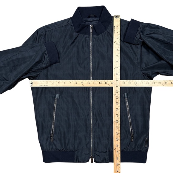 Armani Collezioni Windbreaker Blouson Leather Trim Striped Blue Jacket Mens 46 - Picture 13 of 13